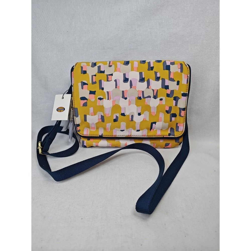 Fossil‎ Keyper Mini Flap Crossbody Bag Yellow Multi Geometric Canvas Purse NWT